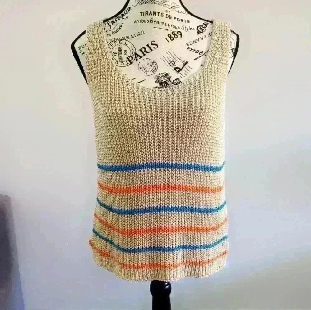 PANAREA | Women's  Gold Metallic Striped Knitted Resort Wear Tank Top